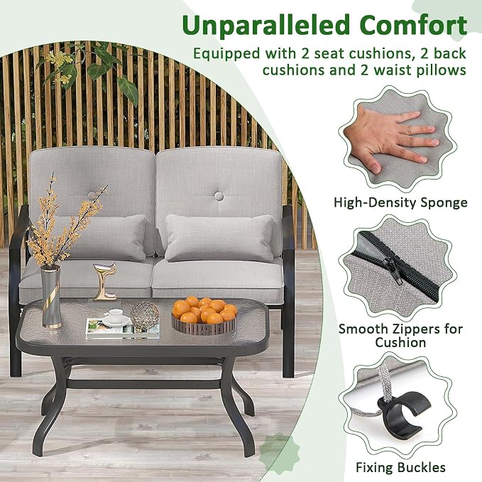 Tangkula 2 Piece Patio Furniture Set, Outdoor Loveseat Chair Set with Seat Back Cushions & Waist Pillows, Tempered Glass Coffee Table, Heavy-Duty Metal Sofa Set for Yard Garden Balcony Poolside