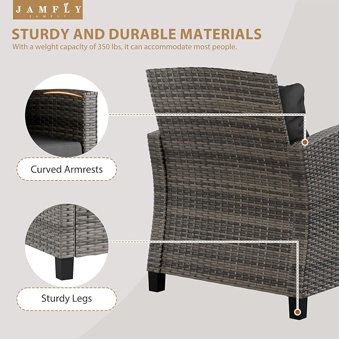 JAMFLY 3 Piece Wicker Patio Furniture Set - Outdoor Rattan Conversation Set with Soft Cushions & Glass Coffee Table for Balcony, Porch, Small Backyard - All Weather Grey Bistro Set, Grey