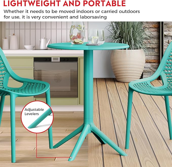 Costaelm Patio Table for 4-Person, Outdoor Patio PP Round Dining Table, All-Weather Bistro Dining Table for Backyard Deck Porch Poolside, Turquoise