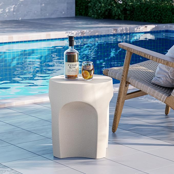 SUNBURY Outdoor Side Tables Set of 2, Concrete Accent End Table, Indoor Small Round Patio End Plant Stands Outside, Garden Stools for Yard, Arch Shape Spotted White