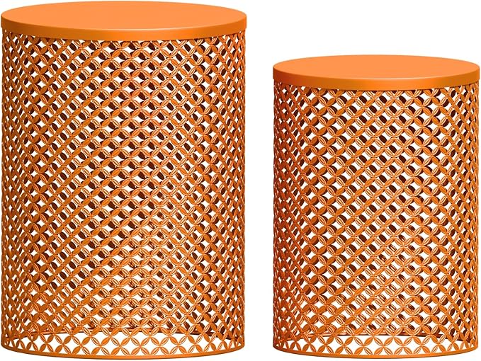 ChicFurnit Outdoor Side Table Set of 2, Cylindrical Metal Frame End Table, Decorative Garden Stool for Indoor Outdoor, Accent Garden Table Modern Nesting End Table for Patio Balconies, Cafes, Orange