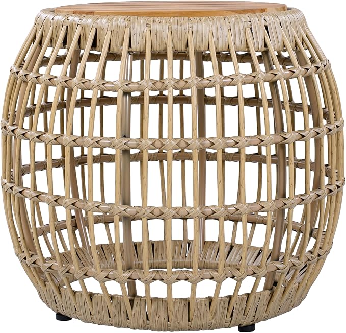 Christopher Knight Home Thalton Outdoor Side Table with Faux Wicker, Acacia Wood End Table, Round Patio Side Table, Accent Table for Garden Balcony Poolside and Indoor Use, Garden Stool, Light Brown