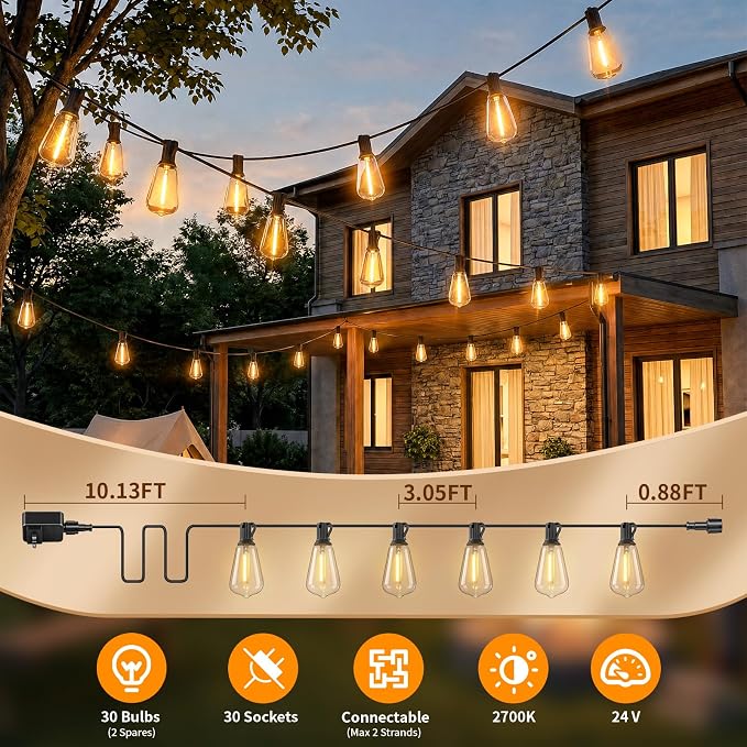 Hotsonic Remote Control Outdoor String Lights Waterproof, 100FT LED Outside Lights with Shatterproof Bulbs, Dimmable Hanging Light 3 Modes for Patio Porch Garden pergola Yard House Bistro Party decors