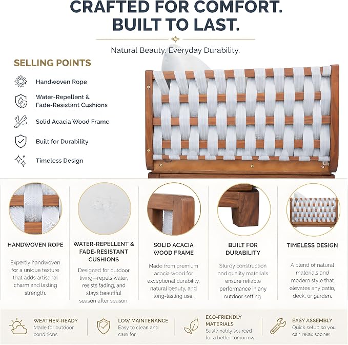 Merax 3 Piece Outdoor Patio Furniture Set,All-Weather Acacia Wood Sectional Sofa with Ottoman,1 Coffee Table for Porch, Lawn, Backyard, Balcon,Beige Rope & Water-Repellent Fabric Cushions,Teak+ Beige