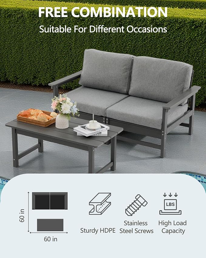 HDPE Outdoor Patio Furniture Set, 3-Piece Sofa Set with Loveseat Couch & Coffee Table, Weatherproof Conversation Set with Cushions, All-Weather Waterproof, for Garden, Porch & Backyard