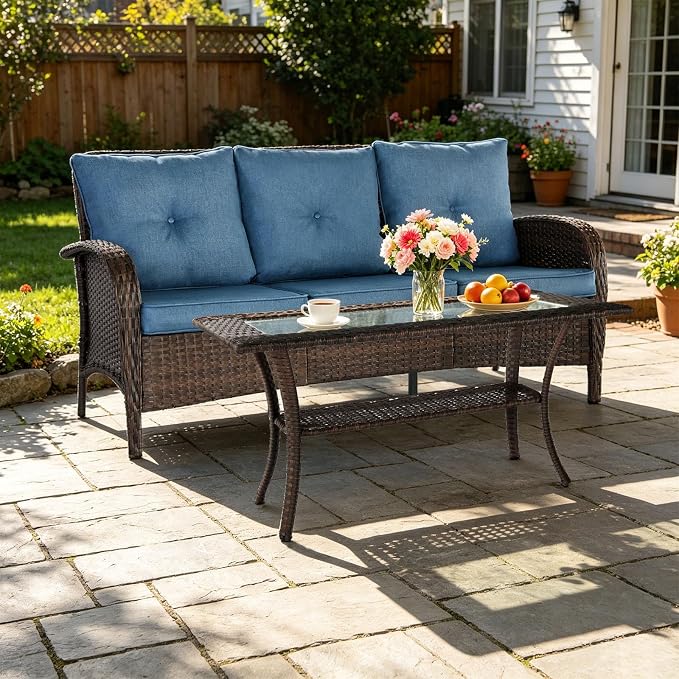 SHGJ&SOFT All Weather Patio Furniture Set, High Back Swivel Rocker Glider Chairs，Ottomans & Glass Tables, Outdoor Conversation Set for Deck Porch Yard Poolside (Blue, 2PCS-Sofa&Table)