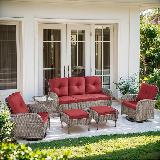 6 Piece Patio Furniture Set - Wicker Patio Conversation Set with Swivel Glider, 3-Seater Sofa, Tempered Glass Side Table and 2 Ottomans for Deck Backyard - Grey Wicker Red Cushion