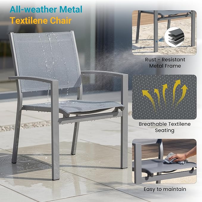 FansaFurn Patio Table and Chairs Set for 4, Outdoor Patio Furniture Set with Metal Textilene Chairs and Aluminum Table, All-Weather Outdoor Dining Set with HDPS Round Tabletop for Patio Porch