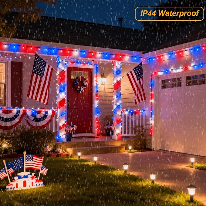 500 LED Red White and Blue 4th of July Lights Outdoor, 164 ft | Green Wire Waterproof Patriotic String Lights with Timer, 8 Modes Connectable Twinkle Fairy Lights Independence Day Decor