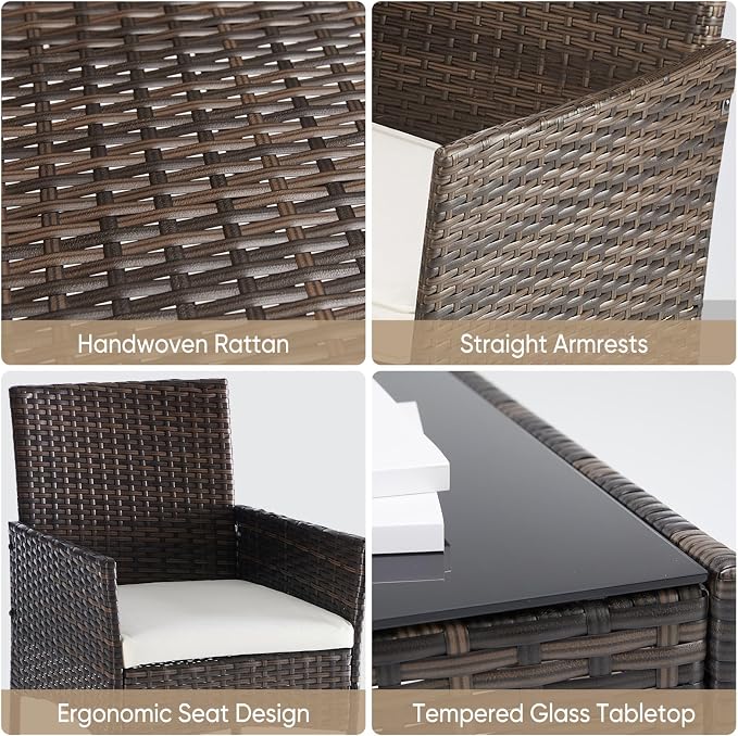 DUMOS 3-Piece Patio Furniture Set, All-Weather Outdoor Wicker Chairs with Removable Cushions & Tempered Glass Table, Small Bistro Set for Porch, Balcony, Lawn, Backyard, Brown