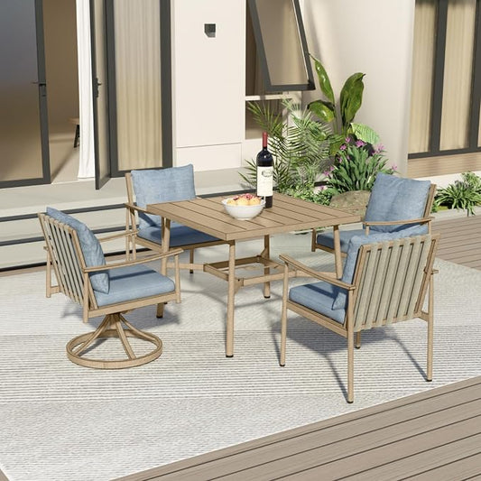 5-Piece Outdoor Dining Set for 4, Aluminum Patio Dining Set with Cushions, 2 Dining Chairs and 2 Swivel Chairs with Rope Backrest, Square Table with Umbrella Hole for Lawn Porch Backyard,Brown