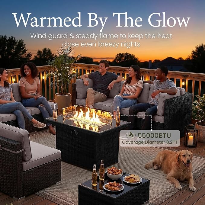 LayinSun 8 Piece Patio Furniture Set with 44" Propane Gas Fire Pit Table, Outdoor Sectional Conversation Set Wicker Rattan Sofa Set with Coffee Table