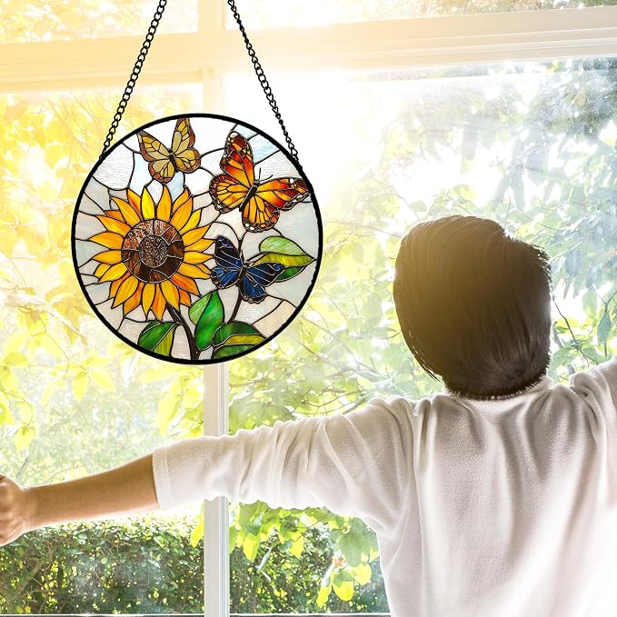 DASTOLL Stained Glass Window Hanging, Butterfly and Sunflowers Sun Catchers Glass Panel Plant Insects Suncatcher Decor for Birthday for Women, Men, Wife, Aunt, and Mom 11.8x11.8 in