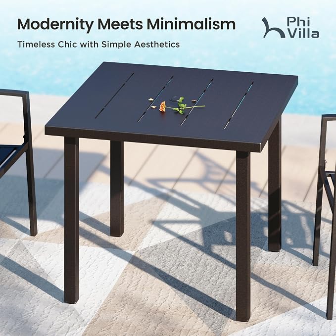 PHI VILLA 5 Pcs Metal Outdoor Table and Chairs,Square Wrought Iron Table | 34.2" Metal Table&Stackable Wrought Iron Chairs, All Weather Large Furniture Set for Patio, Deck, Backyard, Porch