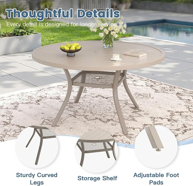 DIFY 7 Piece Outdoor Patio Dining Set for 6, Patio Table and Chairs Set with Umbrella Hole, 47.2" Round Dining Table and Stackable Metal Chairs for Backyard Garden Poolside, Sandshell