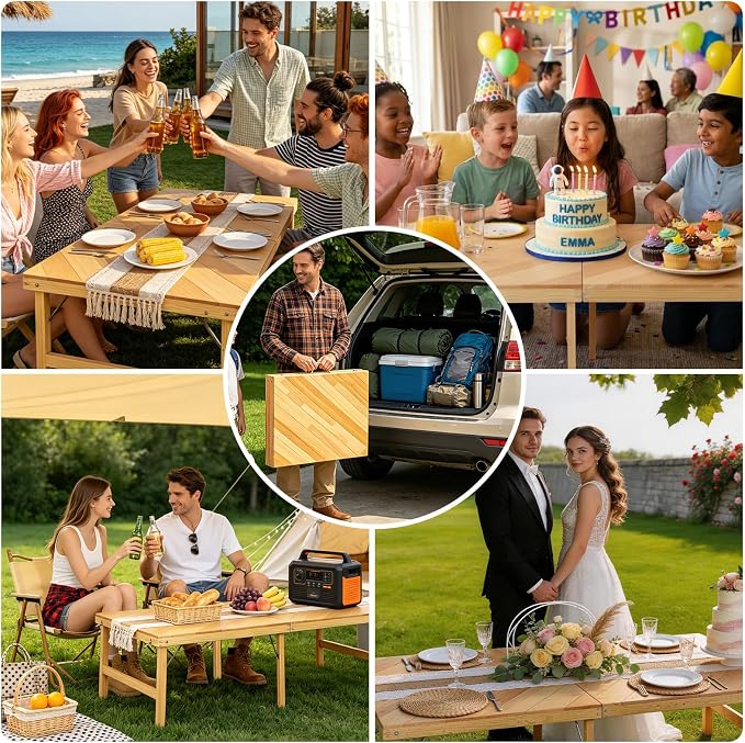 Folding Picnic Table, 5 Ft Solid Wood Low Floor Portable Picnic Table with Boho Table Runner for Indoor & Outdoor, Patio, Beach, Kids, Party, Garden, Camping, Wedding, Travel