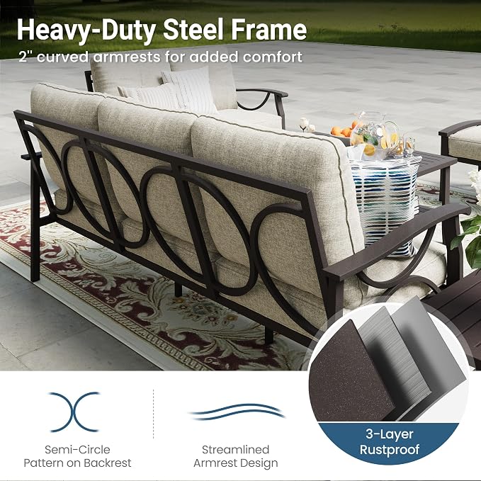 RoyalCraft Outdoor Patio Furniture Set, 9 Seats Outdoor Patio Set with 4" Thick Cushion, All-Weather Metal Patio Sofa with Coffee Table, Outdoor Sectional Furniture for Porch Backyard, Khaki&Beige