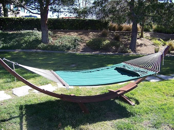 14 Ft. Wooden Arc Hammock Stand + Deluxe Quilted Double Padded Hammock Bed w/Pillow. 2 Person Bed. 450 LB Capacity(Coffee Stain/Elegant Hunter Green)