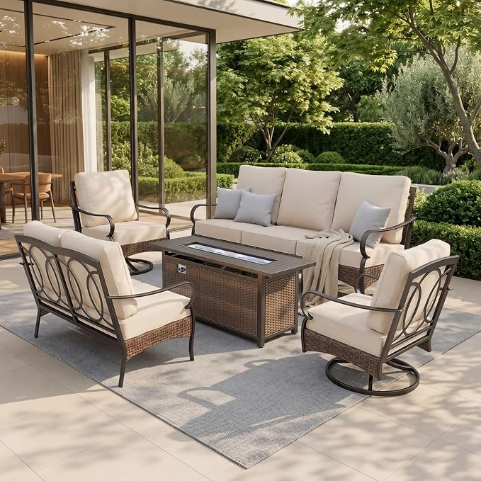 Sophia & William Patio Furniture Set with Fire Pit Table, 5 PCS Metal Outdoor Conversation Set with Fire Pit Table, 2 Swivel Chairs,1 Loveseat, 3-Seater Couch for Outdoor Seating, Backyard, Porch