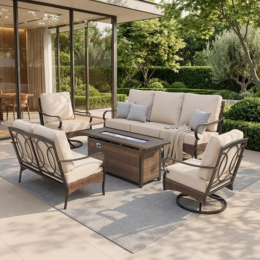 Sophia & William Patio Furniture Set with Fire Pit Table, 5 PCS Metal Outdoor Conversation Set with Fire Pit Table, 2 Swivel Chairs,1 Loveseat, 3-Seater Couch for Outdoor Seating, Backyard, Porch