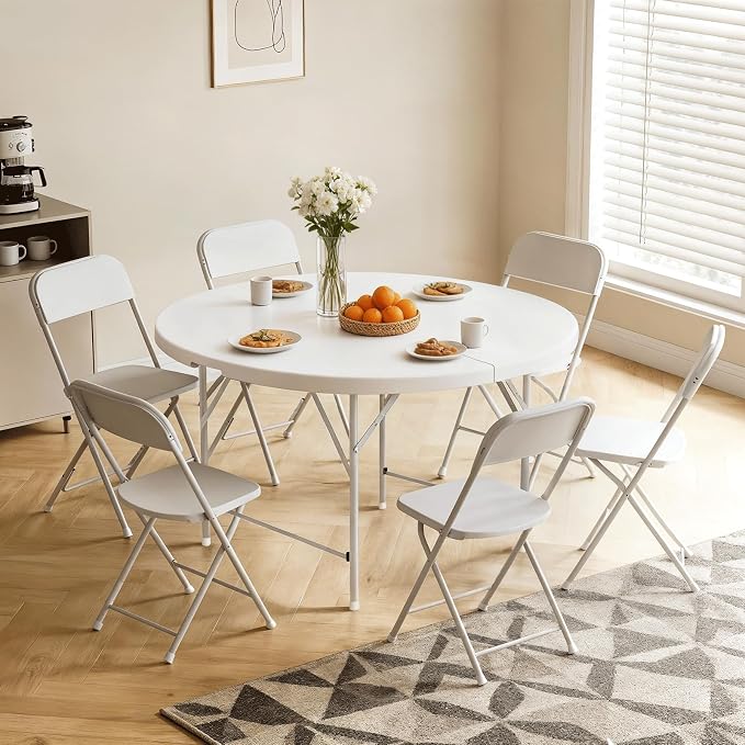 Athena Collection 5ft Folding Table, Portable Plastic Round Table Foldable Card Desk, Indoor Outdoor Collapsible Craft Desk Dining with Lock & Handle for Commercial Party Camping, White Legs