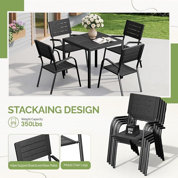 VINGLI Outdoor Patio Dining Set,5 Piece Square Table Patio Furniture Set,HDPE All-Weather Material Outdoor Dining Table and Chair for Garden, Backyard, Poolside,Black