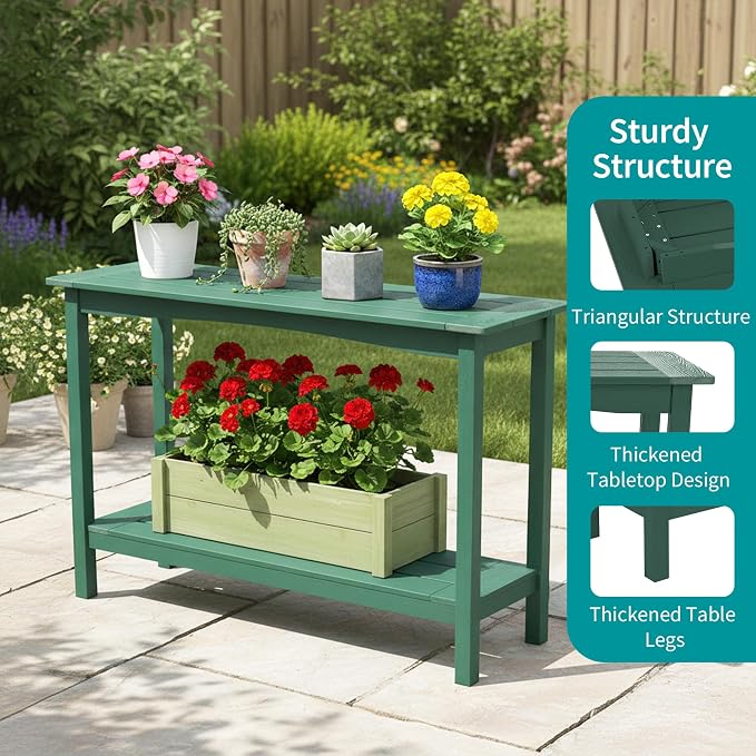 Outdoor Console Table, All-Weather 2-Tier Patio Console Table, Outside Plant Stand Table, Low Maintenance, Never Rot or Fade, HIPS Table for Indoor, Backyard, Garden, Entryway, Green