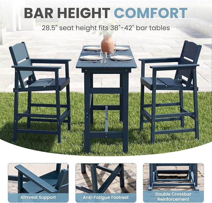 HDPE Outdoor Bar Height Chairs Set of 6, 28.5" Seat All-Weather High Top Patio Stools with Backrest, Heavy Duty Commercial Grade Deck Seating for Backyard Party/Pool/Balcony, Wood Texture Blue