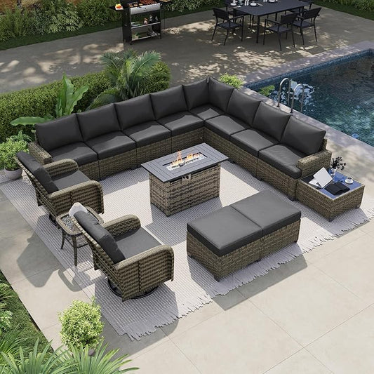 LazySunsets Luxury Patio Furniture Set with Fire Pit Table, All-Weather Patio Sectional Sofas with Thickened Cushions, 15 Piece Outdoor Furniture Set with Swivel Rocker Chairs & Ottomans, Black