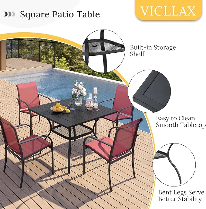 VICLLAX Outdoor Dining Table, Square Patio Furniture Table with Umbrella Hole