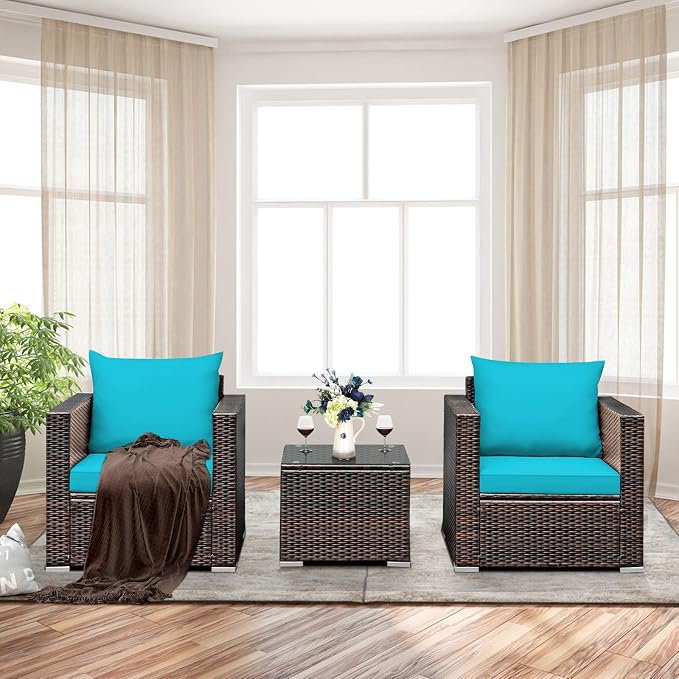 COSTWAY 3-Piece Patio Furniture Set, Outdoor Wicker Rattan Sofa with Cushions and Coffee Table with Tempered Glass, Modern Conversation Chair Set for Poolside Backyard Balcony Lawn (Turquoise)
