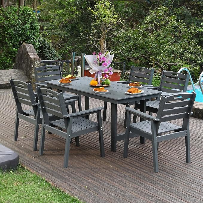 7-Pcs Outdoor Patio Dining Table Set of 6, Outdoor Patio Rectangular 66.9'' Dining Table and Armchair for Garden Backyards Pool Side, Waterproof HDPE Material & 1.95'' Umbrella Hole, Gray