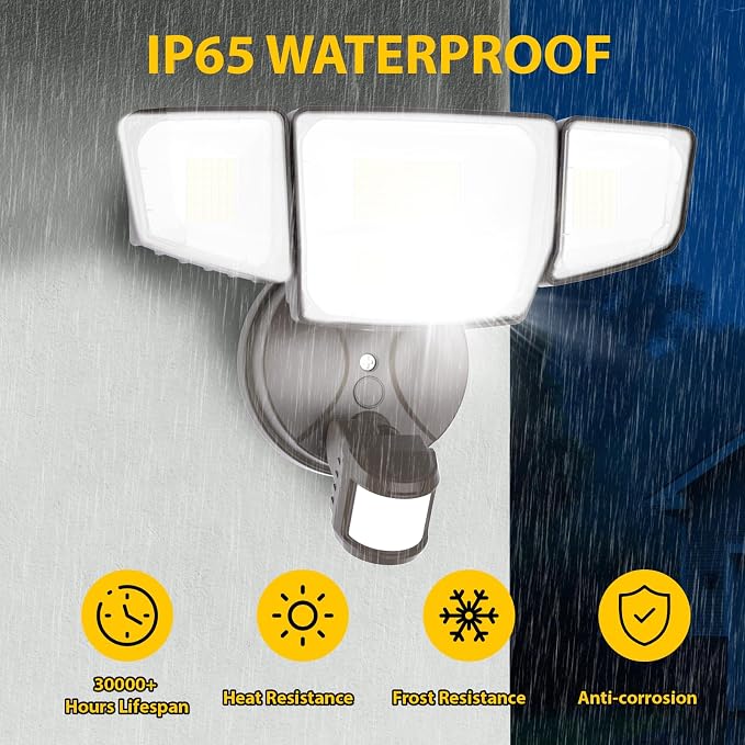 90W Motion Sensor Outdoor Lights, 10000LM LED Flood Light Outdoor with 4 Adjustable Heads, 6500K Daylight, Dusk to Dawn, IP65 Waterproof Security Light for Garage, Yard, Porch, Front Door