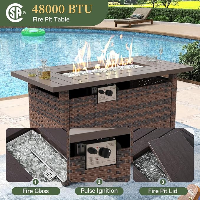 Aoxun 11 Piece Patio Furniture Set with 44” Fire Pit Table Wicker Rattan Outdoor Sectional Sofa Set with Coffee Table and 4” Thickened Cushions, Blue