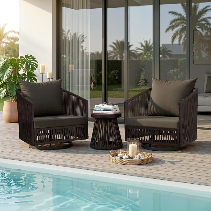 Outdoor Patio Furniture Set, 3 Pieces Outdoor Swivel Chairs with Coffee Table and Thick Cushion, Pe Wicker Rope Furniture Set for Entertaining, Balcony, Garden, Poolside, Coffee