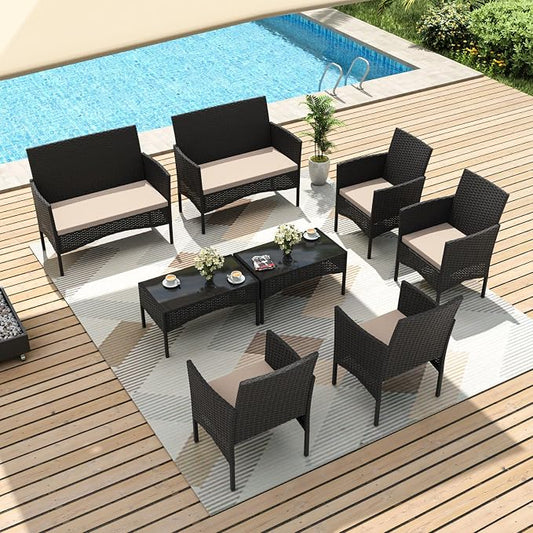 Gotland 8 Pieces Patio Furniture Set, Wicker Outdoor Furniture with 4 Chairs 2 Loveseats 2 Glass Coffee Tables, Weather-Resistant Patio Set, Conversation Set for Backyard Pool Porch Khaki
