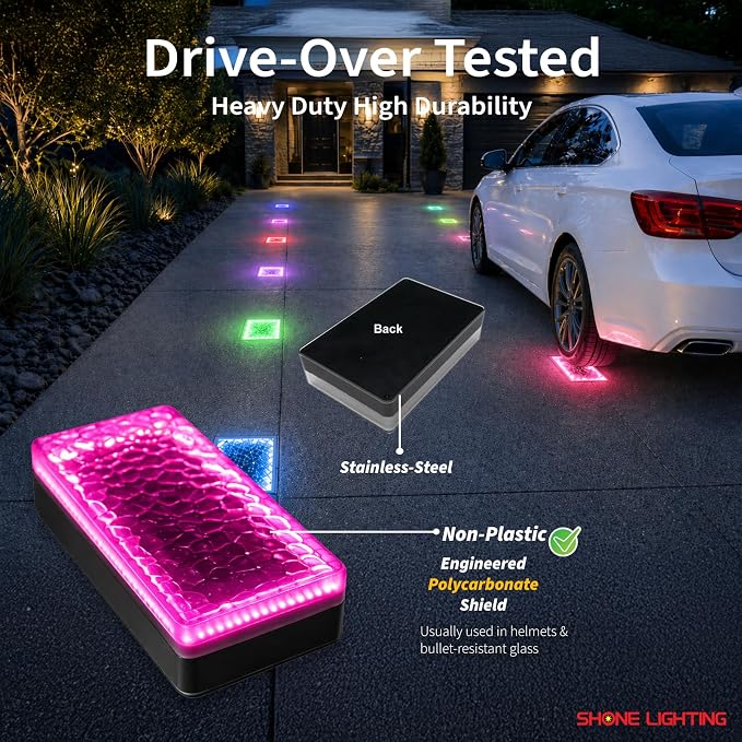 4x8 Solar Ground Lights, 12-Color Paver Light, RGB-W, 6Pack | Outdoor Waterproof, Recessed Lighting Bricks, Color Changing, Driveway, Pathway, Landscape, Heavy Duty, Car Weight Bearing