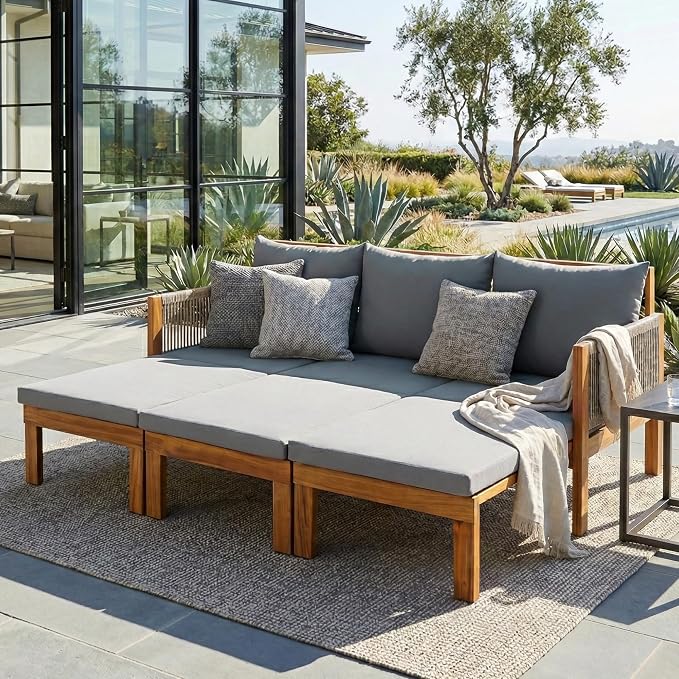 JIVOIT Outdoor Patio Daybed with Rope-Woven Armrests, Convertible Outdoor Sleeper Sofa with Acacia Wood Frame, 3 Seat Patio Sunbed for Backyard, Pool (Gray/85)