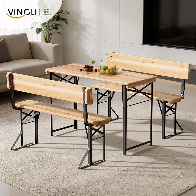VINGLI 45 Inch Folding Picnic Tables and Chair Set with Backrest Bench, Weather-Resistant Wooden Beer Garden Table Bench, 3-Piece Portable Fold Up Camping BBQ Table,Natural Wood Color