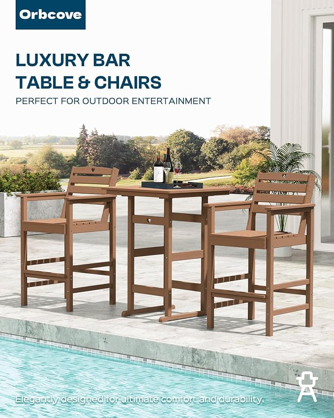 Patio Bar Table,Adirondack Chairs and Table 2 Pieces Set, Bar Height Chairs Set of 2, Outdoor Bar Stools Set,Weather-Resistant Outdoor Furniture for Deck, Balcony, Poolside Easy Assembly