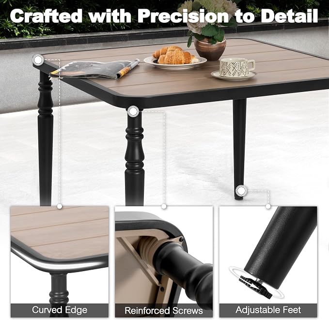 NUU GARDEN 5-Piece Patio Dining Set for 4, Wood-Grain Table with Umbrella Hole and 4 Stackable Textilene Chairs with Faux Wood Armrests, Black and Khaki