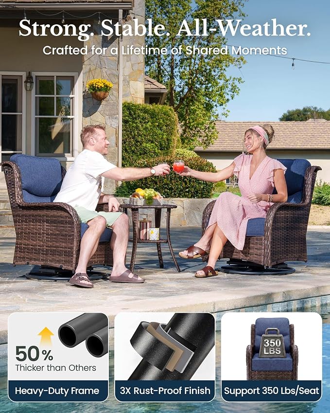 HILLGA 3-Piece Luxury Patio Furniture Set with 6" Thick Cushions, Weather-Resistant Wicker High Back Swivel Rocker Chairs, Senior-Friendly Conversation Set for Small Porch, Deck and Sunroom, Blue(V2)