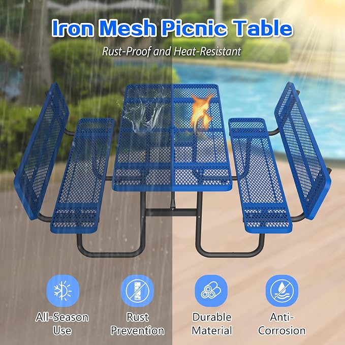 72'' Heavy Duty Outdoor Picnic Table with Backrest - Commercial Grade Rectangular Steel Picnic Table Set, Umbrella Hole, Rust-Resistant Metal Mesh Tabletop for Patio, Garden, Park, BBQ - Blue