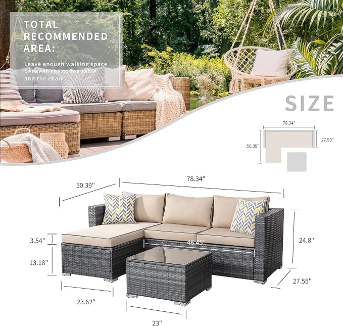SUNLEI 3-Piece Patio Sectional Sofa, Patio Furniture Set with Detachable Soft Cushions, All Weather Outdoor PE Wicker Patio Conversation Sofa Set with Glass Coffee Table & ottoman, Silver Rattan/Beige