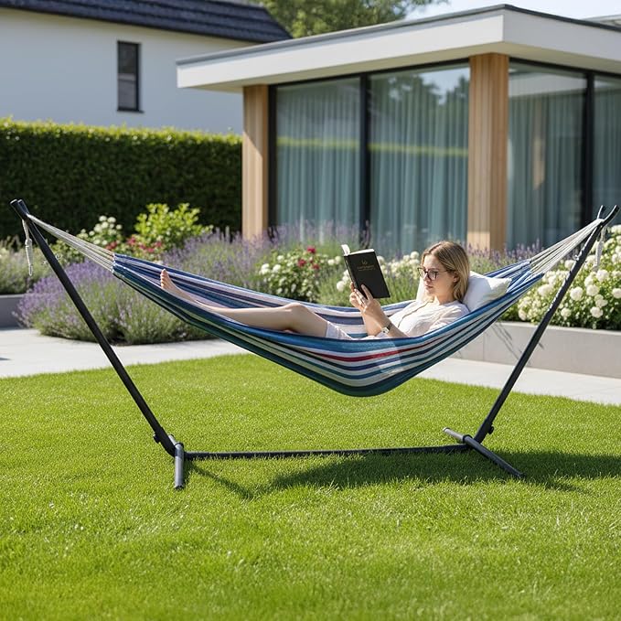 ONCLOUD Portable Hammock with Stand for outsides, 9ft Space Saving Steel Stand Includes Portable Carrying Case (Purple Blue)