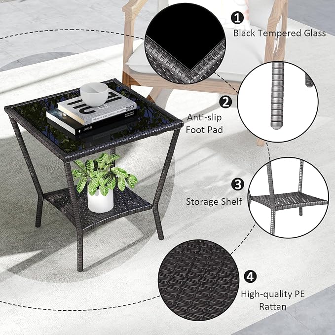Kinfant Rattan Patio Side Table - Modern Wicker End Table, PE Rattan Coffee Table with Glass Top, Weather-Resistant Patio Furniture for Patio, Balcony, Garden, and Poolside (1, Black Brown)