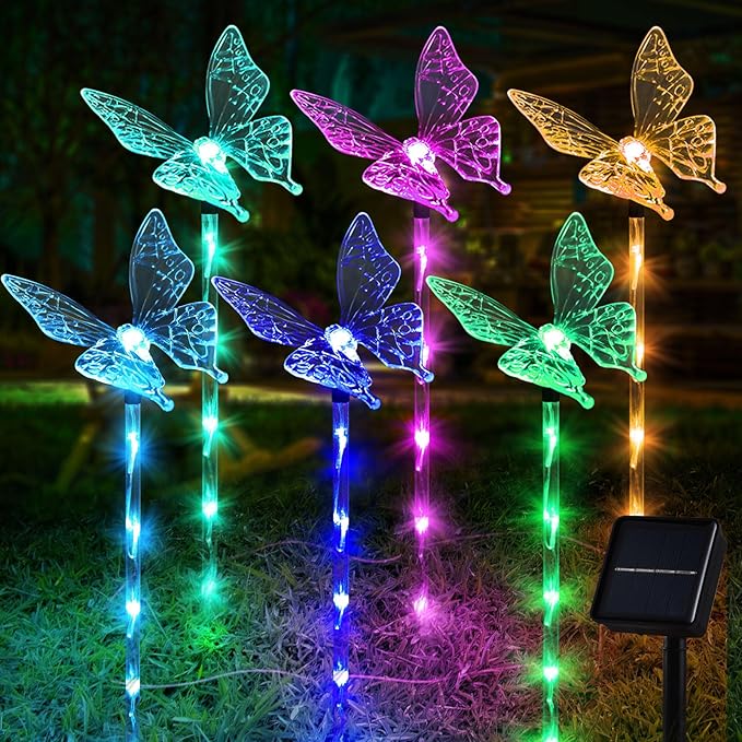 Set of 6 Arcylic Solar Butterfly Lights for Outside, Solar Powered Garden Decorations with 8 Lighting Modes, Outdoor Waterproof Pathway Lights for Yard, Patio Plant Pot, Flower Bed (Butterfly)