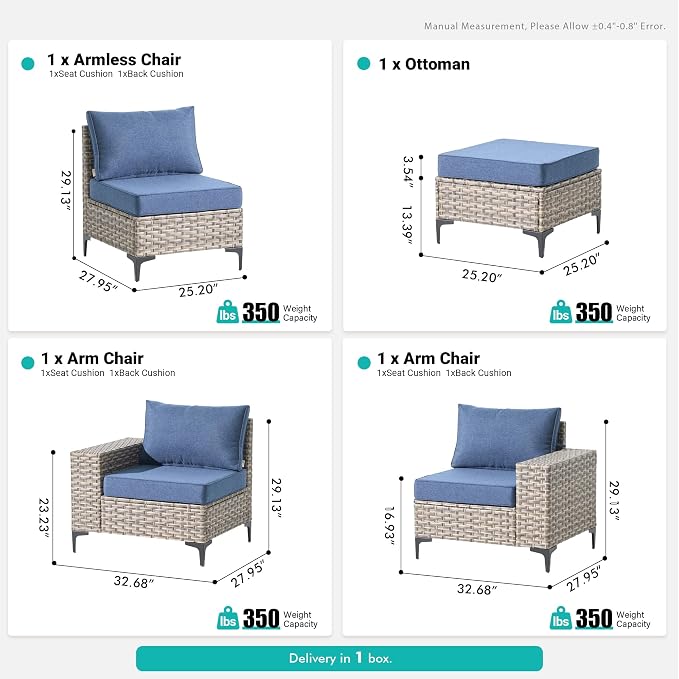 4 Pcs Patio Outdoor Furniture Set - All Weather Wicker Outdoor Sectional Sofa Couch with Ottoman,Patio Modular Rattan Conversation Set for Garden Deck Yard,Denim Blue