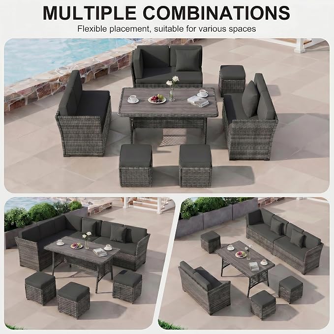 LOUVIXA 7 Pieces Patio Furniture Set, Outdoor Patio Furniture, Wicker Conversation Set with Dining Table, Chairs and Ottoman (6227 Grey-Grey)