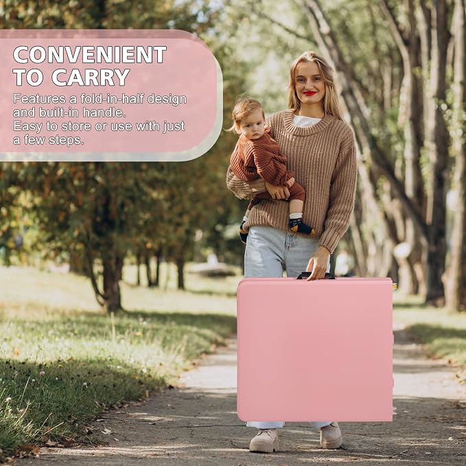 Anwick 4 Foot Folding Table Portable Fold-in-Half Plastic Picnic Table w/Handle and Steel Legs for Indoor, Outdoor, Camping, Party, Garden (Pink, 4ft)